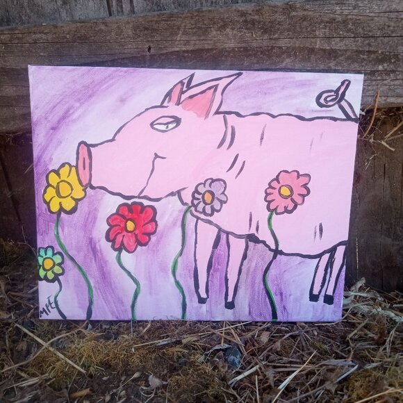 Hand Crafted Other - Pig In Flowers Folk Art Painting